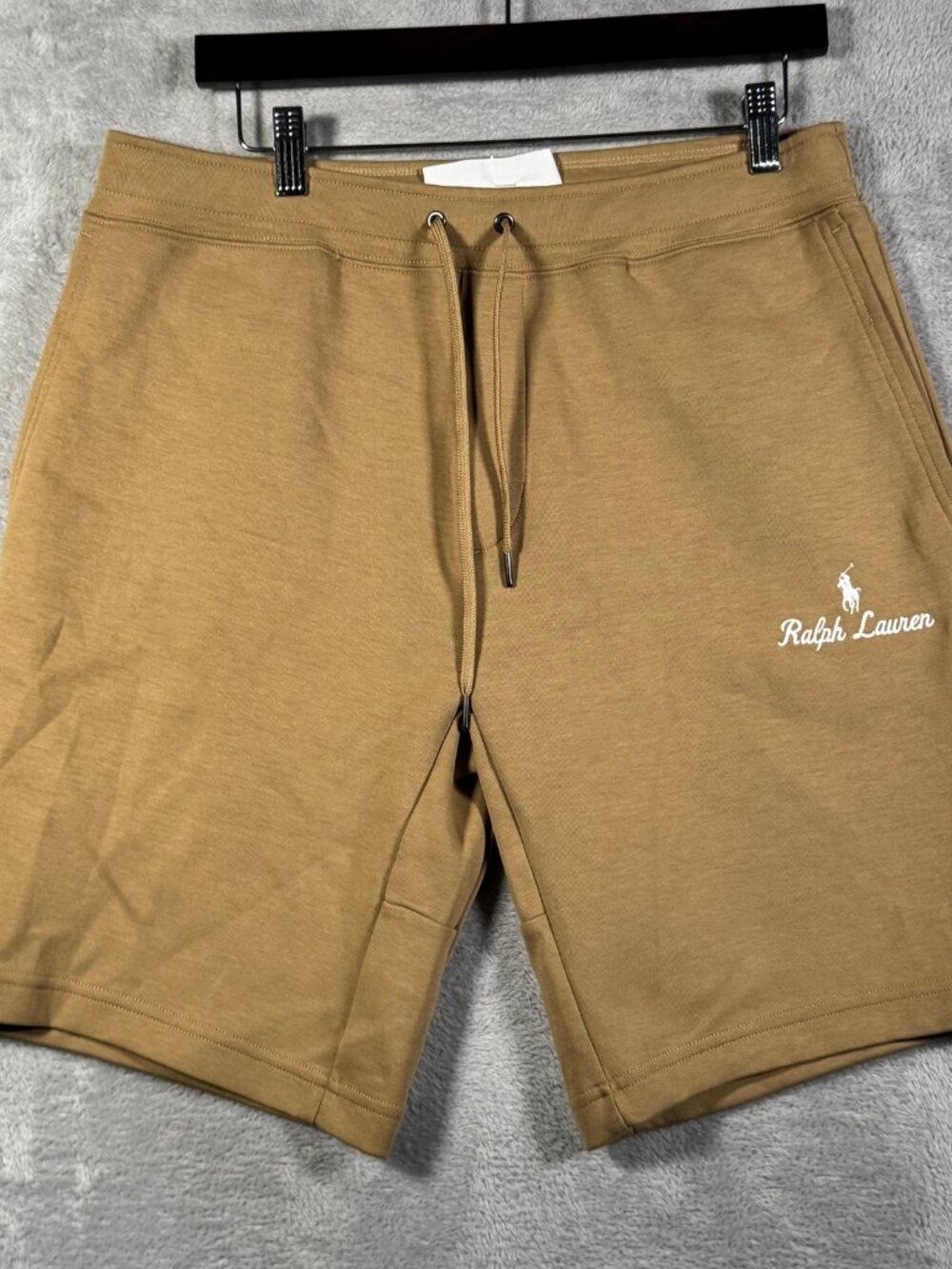 Polo Ralph Lauren Sweat Shorts Mens M Tan Script Fleece Double Knit $110